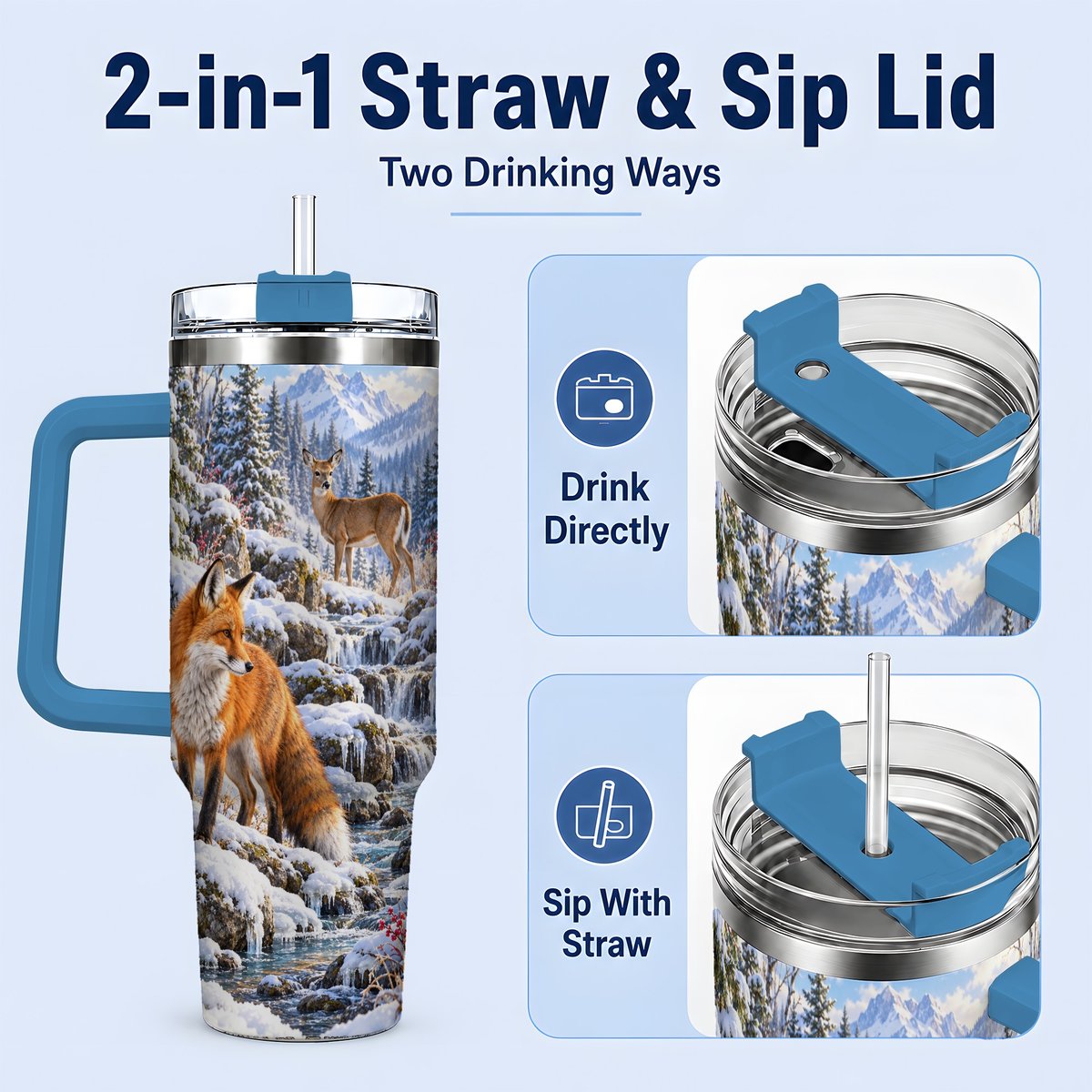 #pl[40oz|Blue] Fox and Woodland Animals Tumbler 40oz, Winter Forest Art
