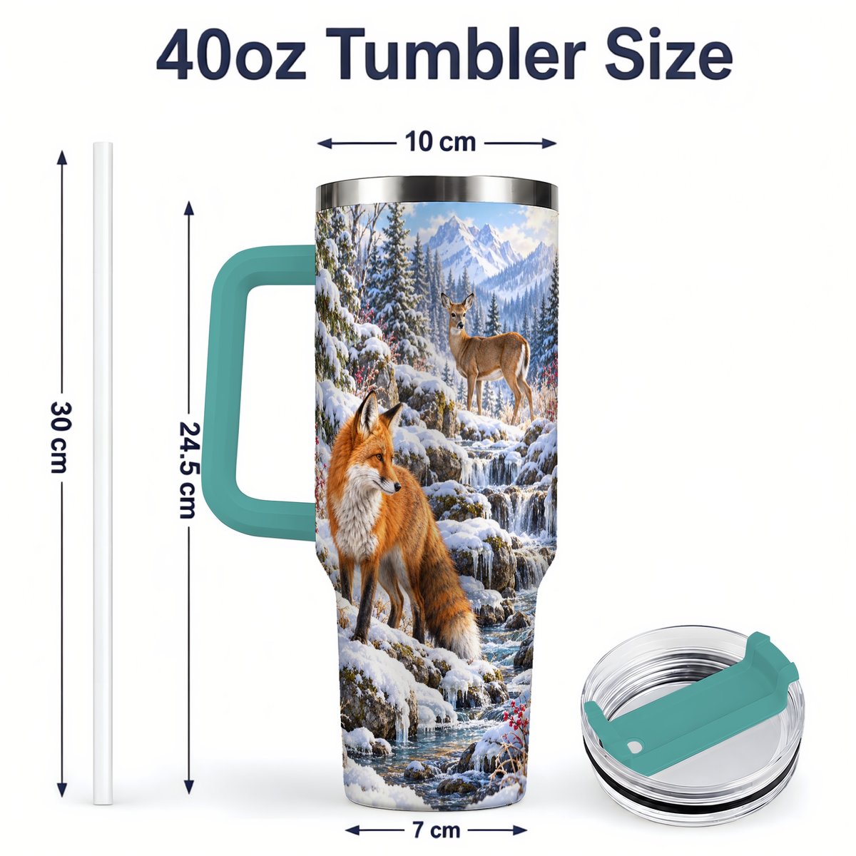 #pl[40oz|Green] Fox and Woodland Animals Tumbler 40oz, Winter Forest Art