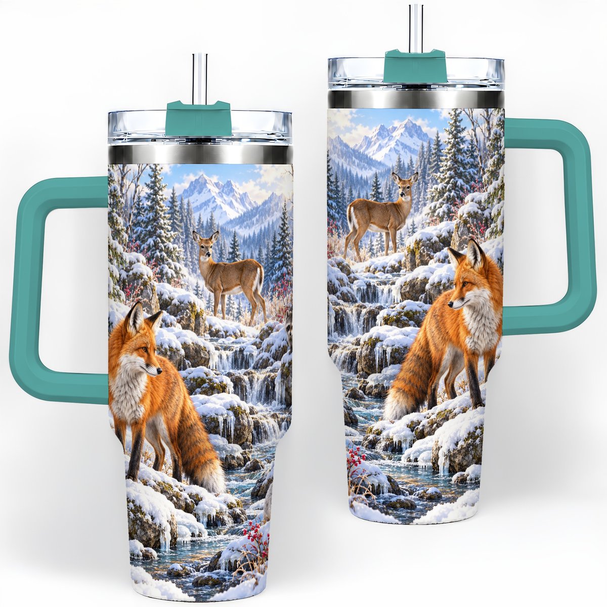 #pl[40oz|Green] Fox and Woodland Animals Tumbler 40oz, Winter Forest Art
