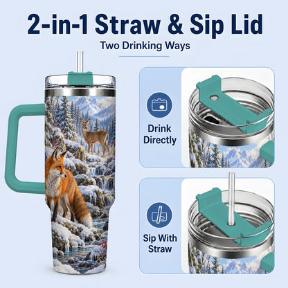 #pl[40oz|Green] Fox and Woodland Animals Tumbler 40oz, Winter Forest Art