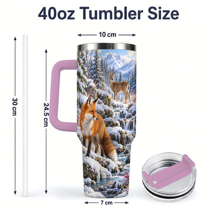 #pl[40oz|Pink] Fox and Woodland Animals Tumbler 40oz, Winter Forest Art