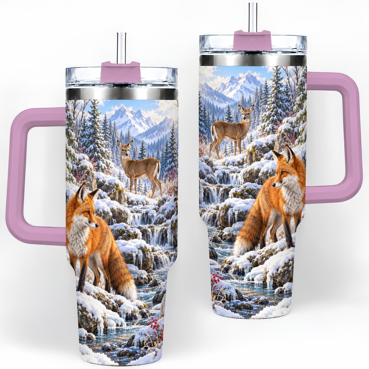 #pl[40oz|Pink] Fox and Woodland Animals Tumbler 40oz, Winter Forest Art