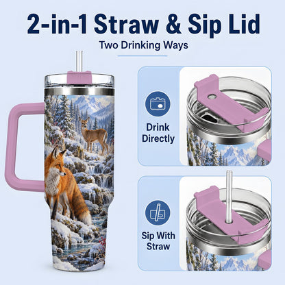 #pl[40oz|Pink] Fox and Woodland Animals Tumbler 40oz, Winter Forest Art