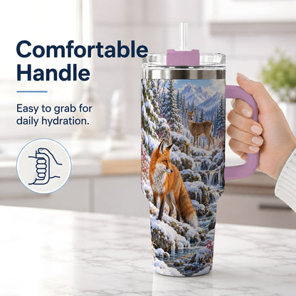 #pl[40oz|Pink] Fox and Woodland Animals Tumbler 40oz, Winter Forest Art