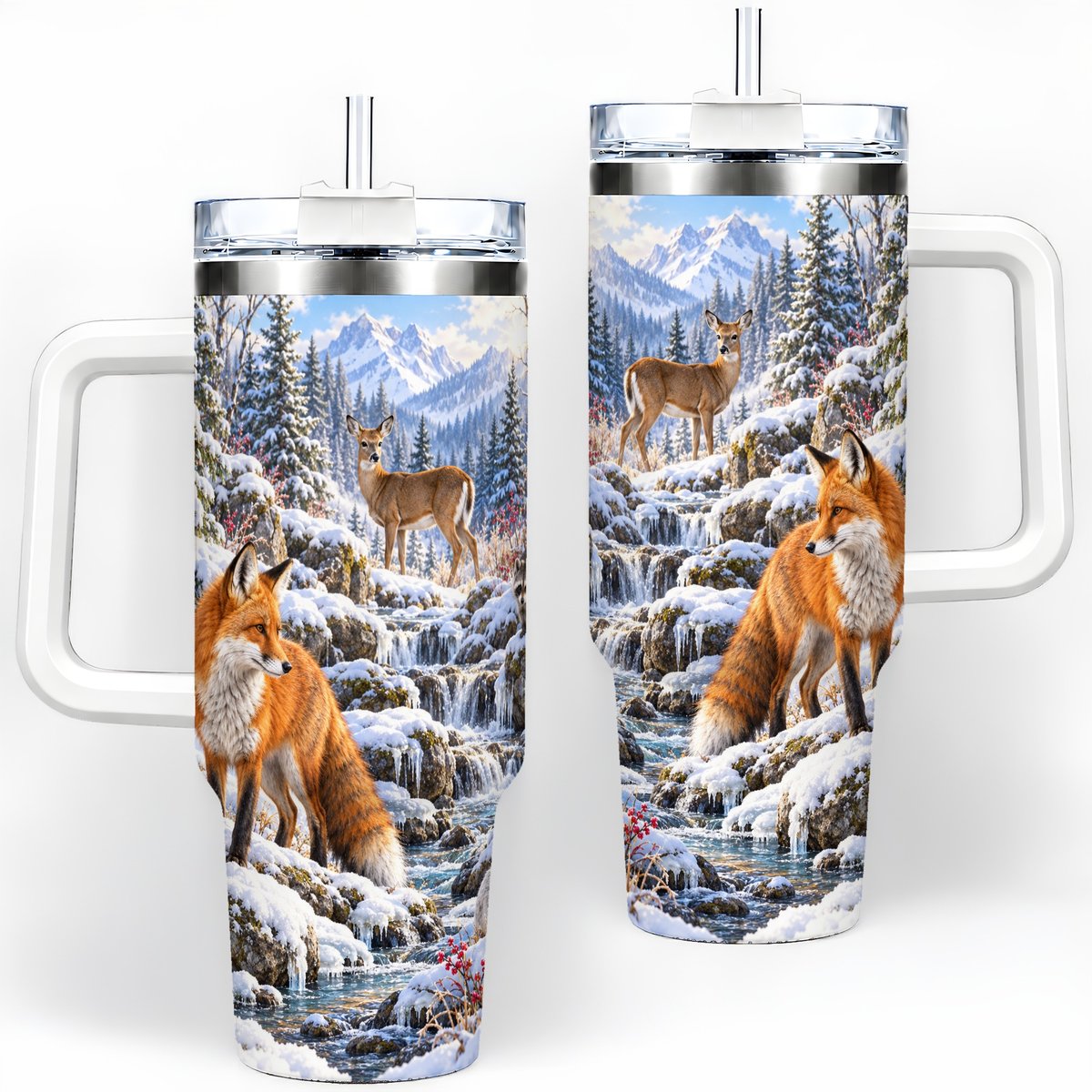 Fox and Woodland Animals Tumbler 40oz, Winter Forest Art
