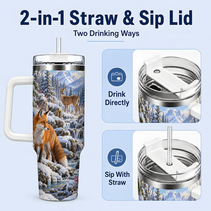 #pl[40oz|White] Fox and Woodland Animals Tumbler 40oz, Winter Forest Art