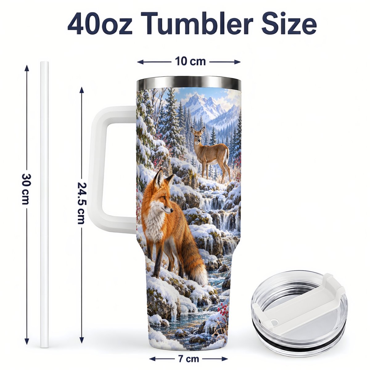 #pl[40oz|White] Fox and Woodland Animals Tumbler 40oz, Winter Forest Art