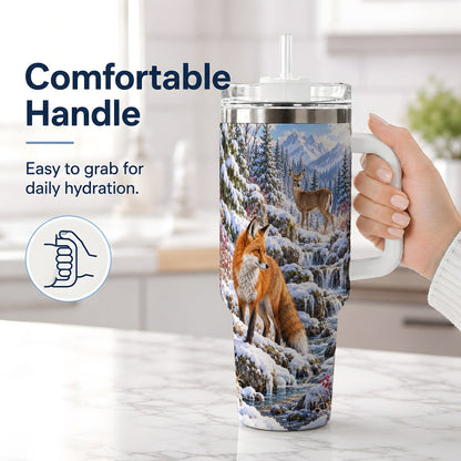 #pl[40oz|White] Fox and Woodland Animals Tumbler 40oz, Winter Forest Art