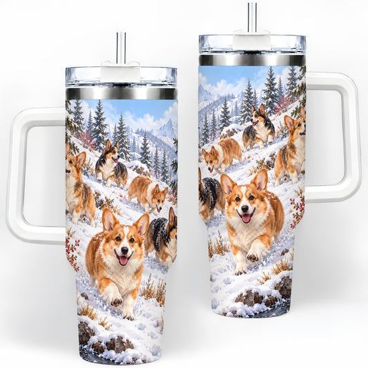 Winter Corgi Dogs Tumbler 40oz, Alpine Snow Scene