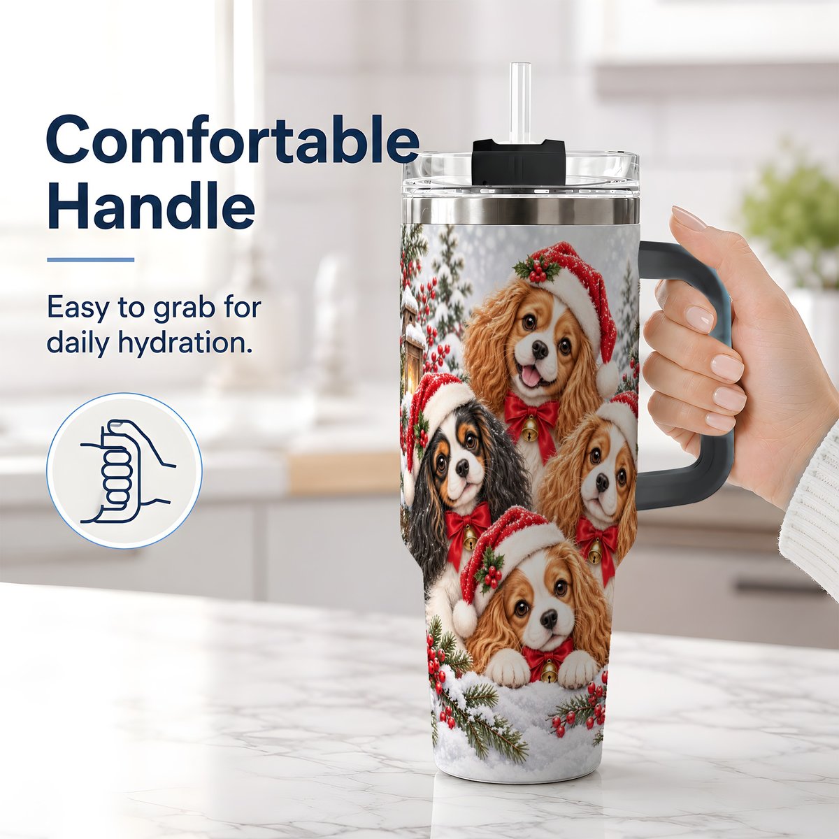 #pl[40oz|Black] Christmas Cavalier Spaniels Tumbler 40oz, Snowy Holiday Artwork