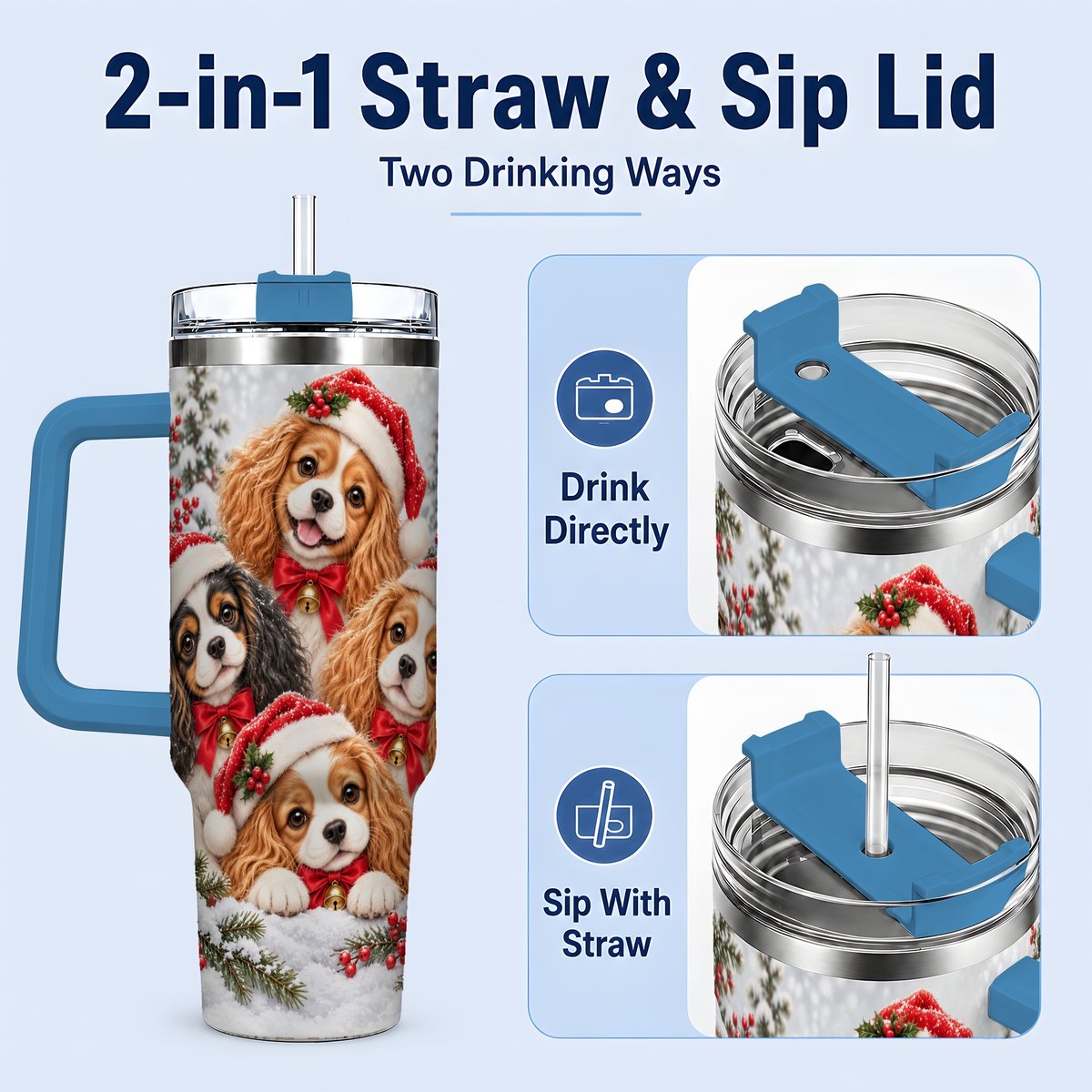 #pl[40oz|Blue] Christmas Cavalier Spaniels Tumbler 40oz, Snowy Holiday Artwork