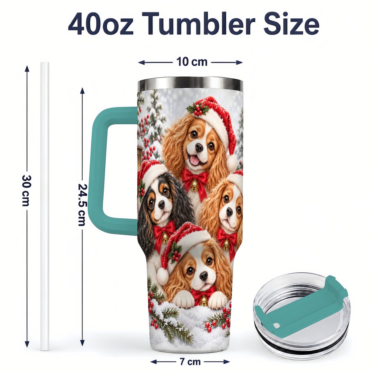 #pl[40oz|Green] Christmas Cavalier Spaniels Tumbler 40oz, Snowy Holiday Artwork