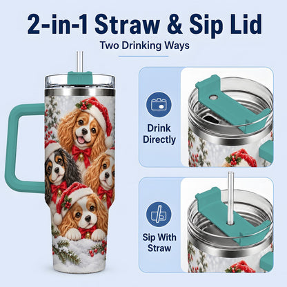 #pl[40oz|Green] Christmas Cavalier Spaniels Tumbler 40oz, Snowy Holiday Artwork