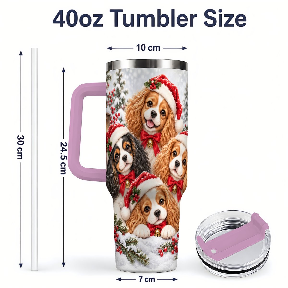 #pl[40oz|Pink] Christmas Cavalier Spaniels Tumbler 40oz, Snowy Holiday Artwork