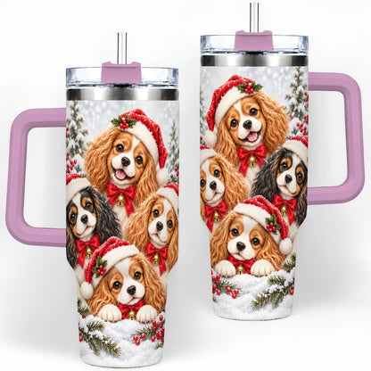 #pl[40oz|Pink] Christmas Cavalier Spaniels Tumbler 40oz, Snowy Holiday Artwork