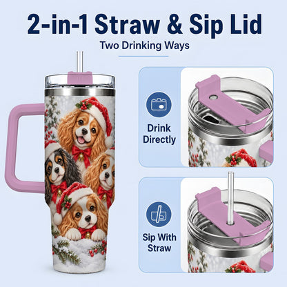 #pl[40oz|Pink] Christmas Cavalier Spaniels Tumbler 40oz, Snowy Holiday Artwork