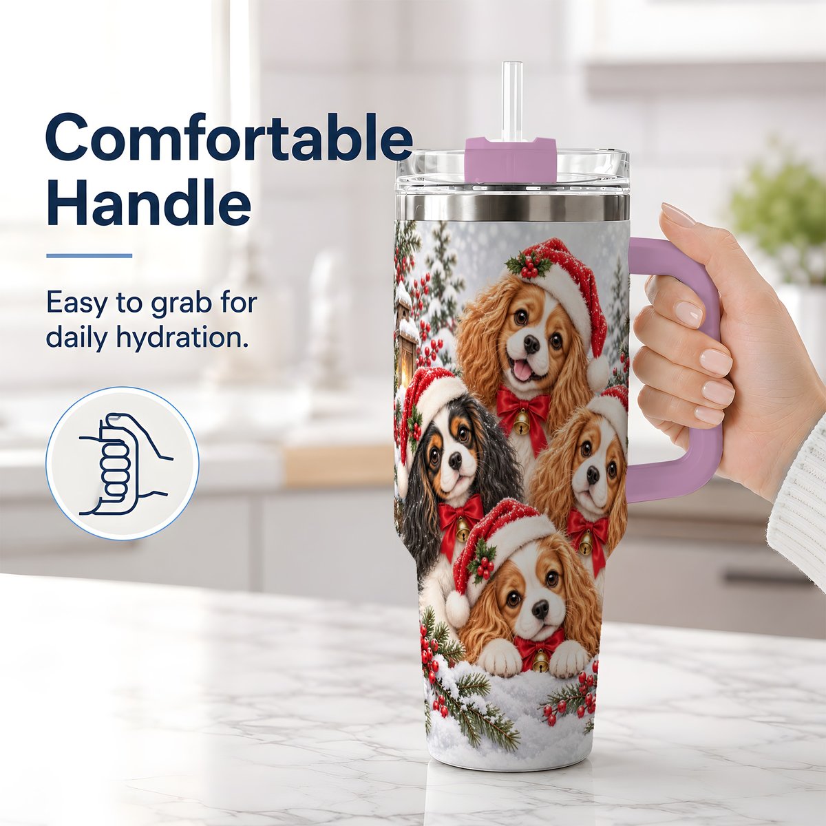 #pl[40oz|Pink] Christmas Cavalier Spaniels Tumbler 40oz, Snowy Holiday Artwork