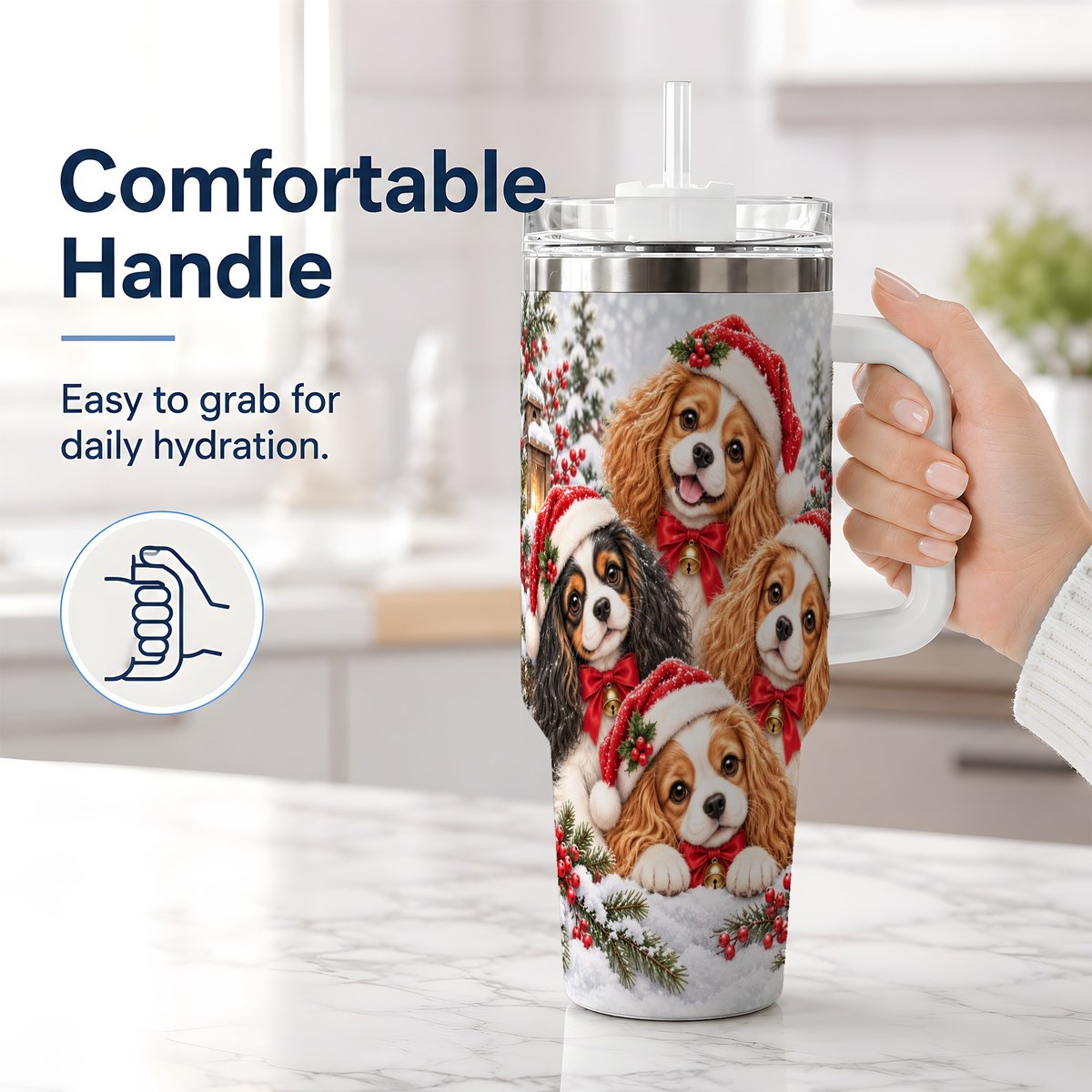 #pl[40oz|White] Christmas Cavalier Spaniels Tumbler 40oz, Snowy Holiday Artwork