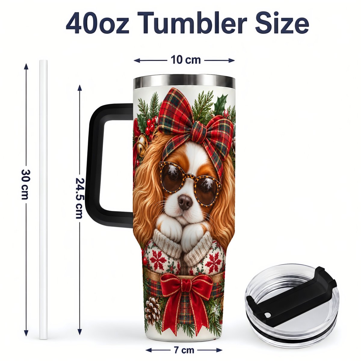 #pl[40oz|Black] Christmas Cavalier Spaniel Tumbler 40oz, Plaid Ribbon Design