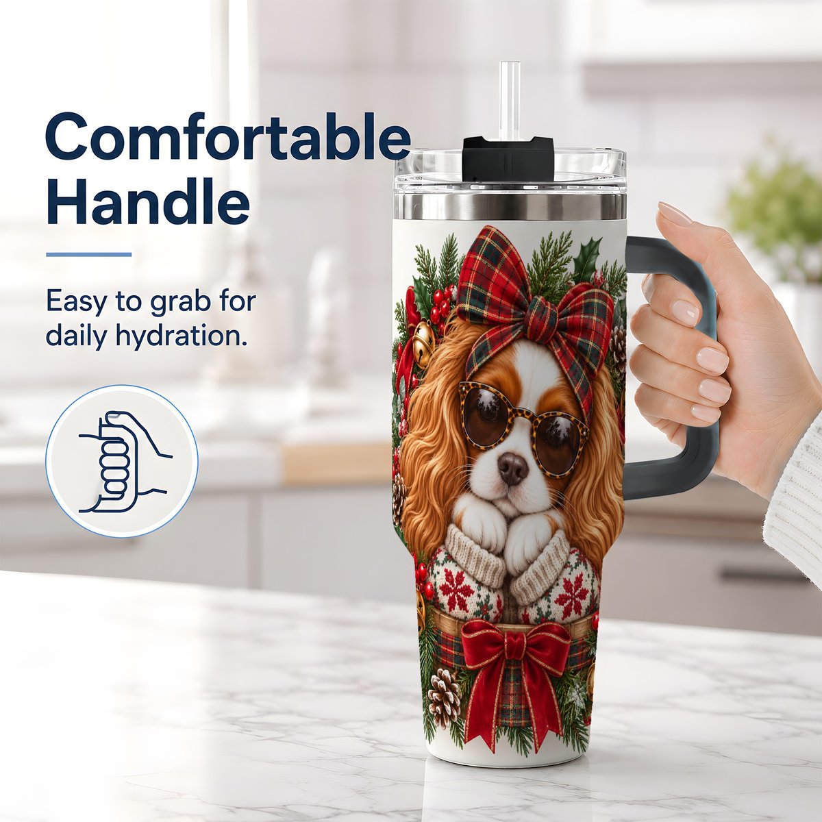 #pl[40oz|Black] Christmas Cavalier Spaniel Tumbler 40oz, Plaid Ribbon Design