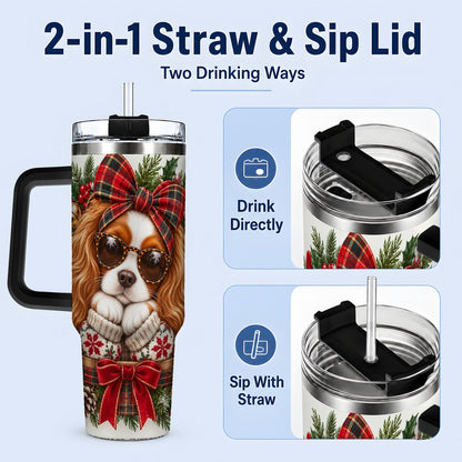 #pl[40oz|Black] Christmas Cavalier Spaniel Tumbler 40oz, Plaid Ribbon Design