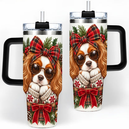 #pl[40oz|Black] Christmas Cavalier Spaniel Tumbler 40oz, Plaid Ribbon Design