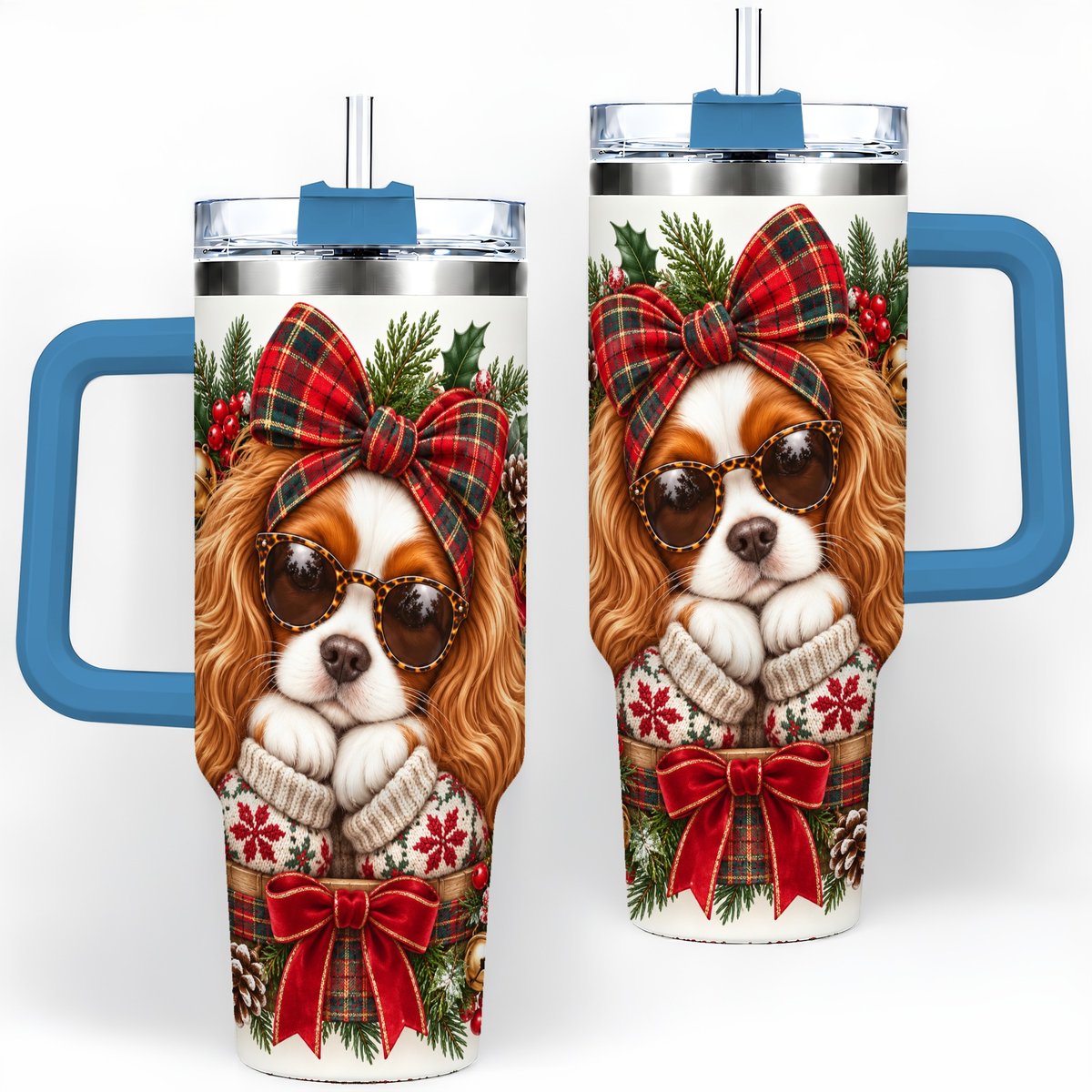 #pl[40oz|Blue] Christmas Cavalier Spaniel Tumbler 40oz, Plaid Ribbon Design