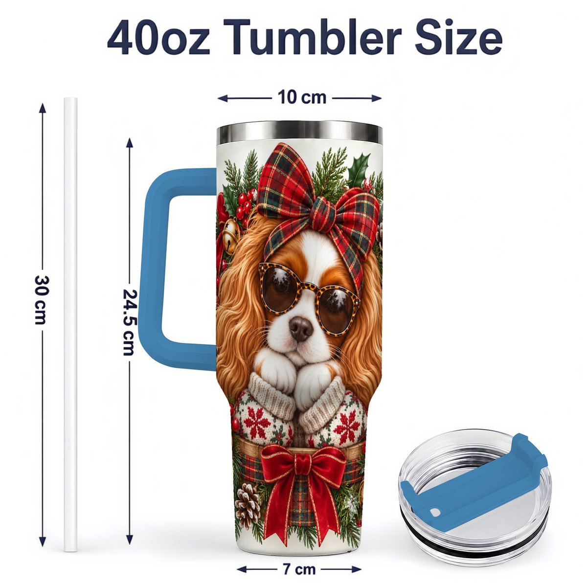 #pl[40oz|Blue] Christmas Cavalier Spaniel Tumbler 40oz, Plaid Ribbon Design