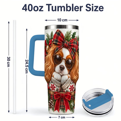 #pl[40oz|Blue] Christmas Cavalier Spaniel Tumbler 40oz, Plaid Ribbon Design