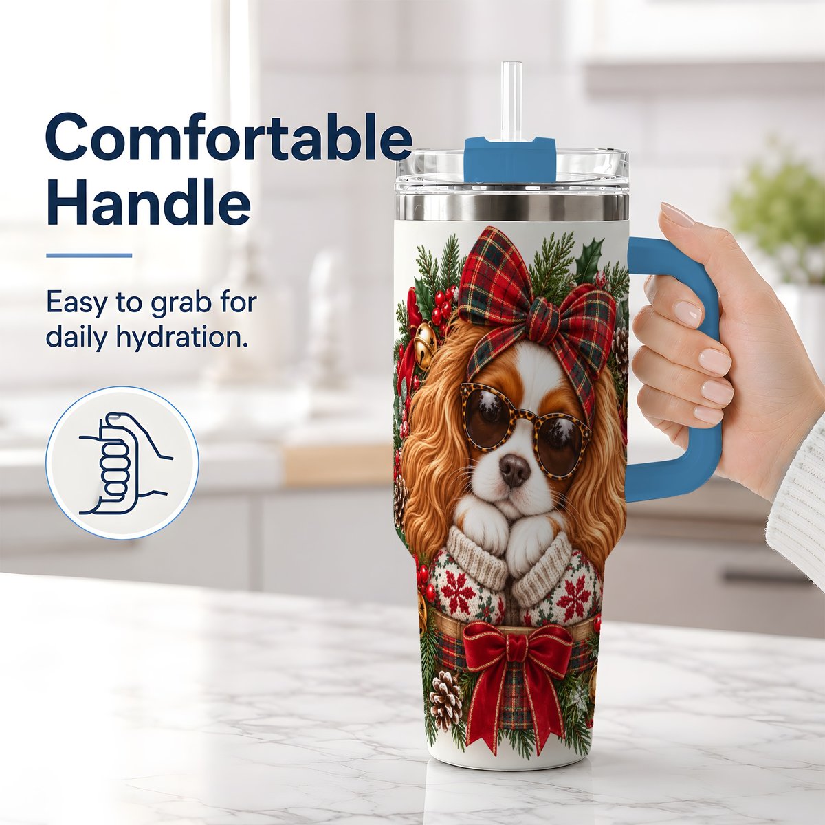 #pl[40oz|Blue] Christmas Cavalier Spaniel Tumbler 40oz, Plaid Ribbon Design