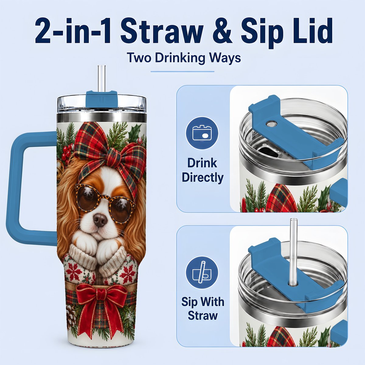#pl[40oz|Blue] Christmas Cavalier Spaniel Tumbler 40oz, Plaid Ribbon Design