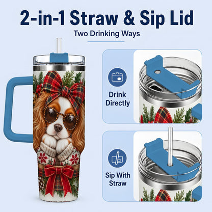 #pl[40oz|Blue] Christmas Cavalier Spaniel Tumbler 40oz, Plaid Ribbon Design