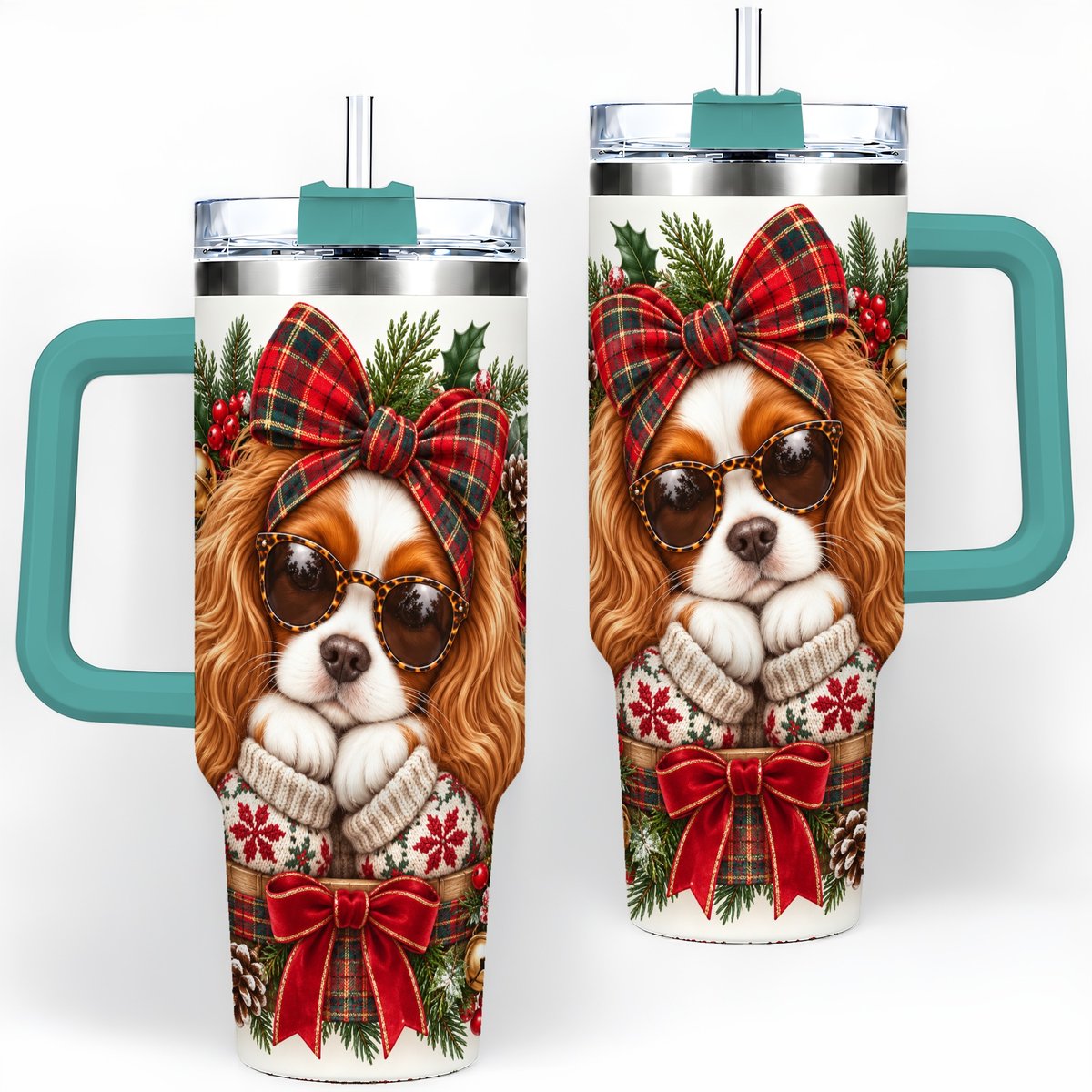 #pl[40oz|Green] Christmas Cavalier Spaniel Tumbler 40oz, Plaid Ribbon Design