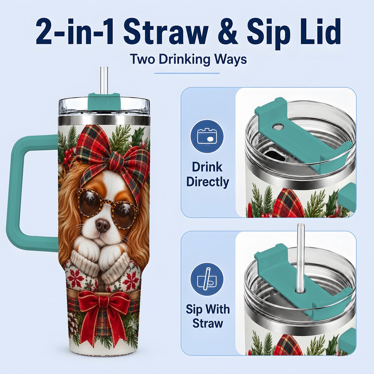 #pl[40oz|Green] Christmas Cavalier Spaniel Tumbler 40oz, Plaid Ribbon Design
