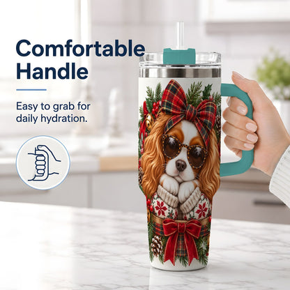 #pl[40oz|Green] Christmas Cavalier Spaniel Tumbler 40oz, Plaid Ribbon Design