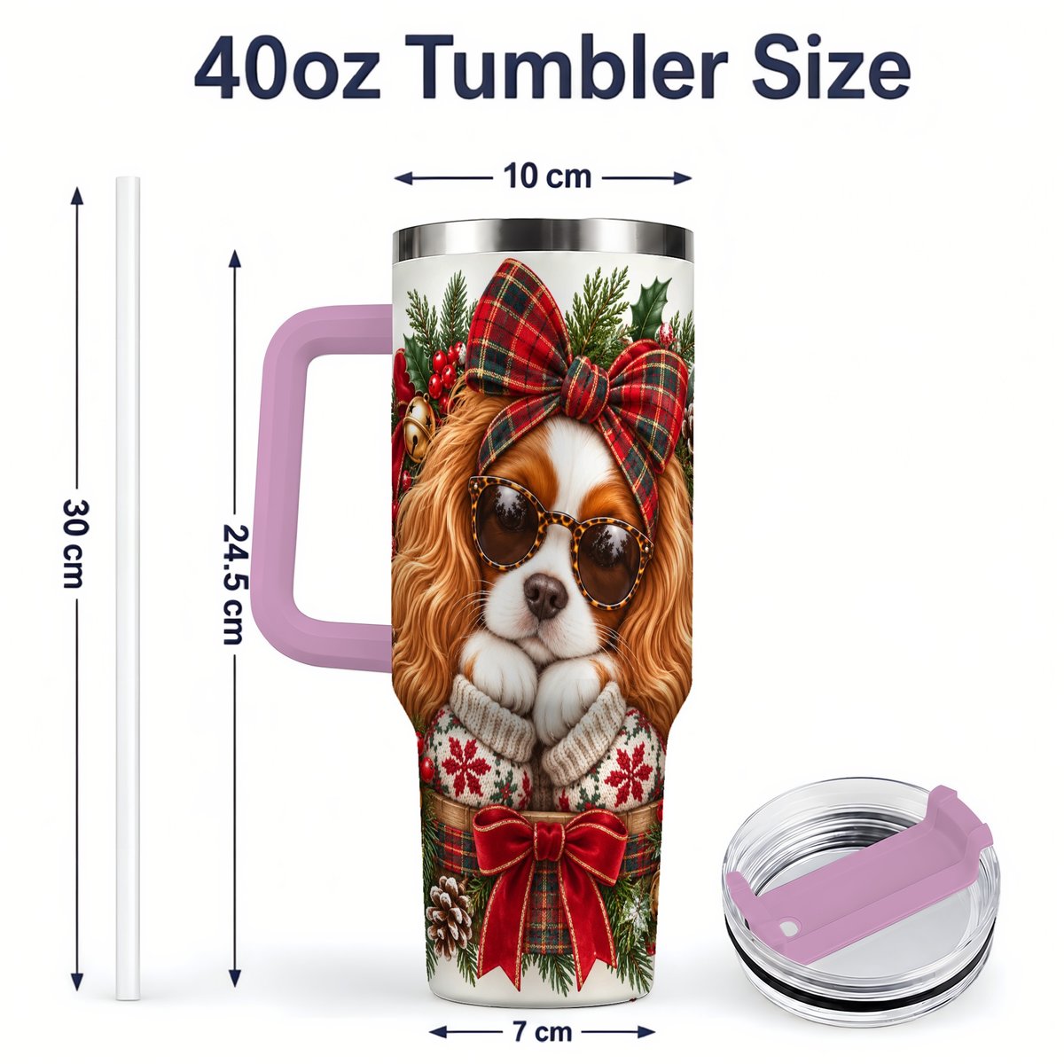 #pl[40oz|Pink] Christmas Cavalier Spaniel Tumbler 40oz, Plaid Ribbon Design