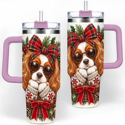 #pl[40oz|Pink] Christmas Cavalier Spaniel Tumbler 40oz, Plaid Ribbon Design