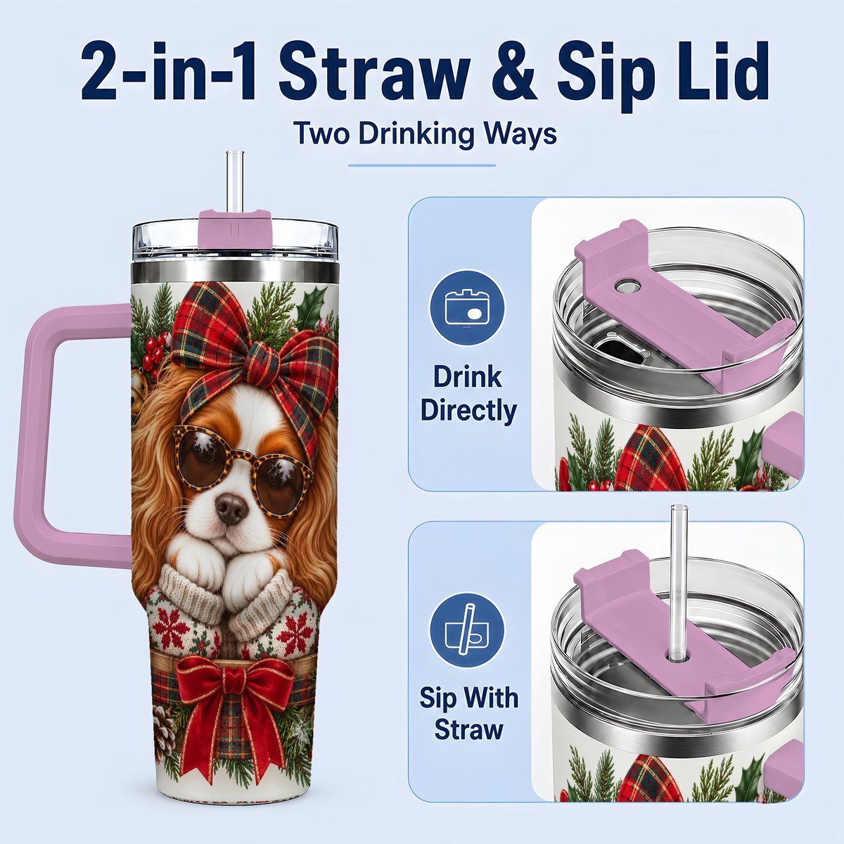 #pl[40oz|Pink] Christmas Cavalier Spaniel Tumbler 40oz, Plaid Ribbon Design