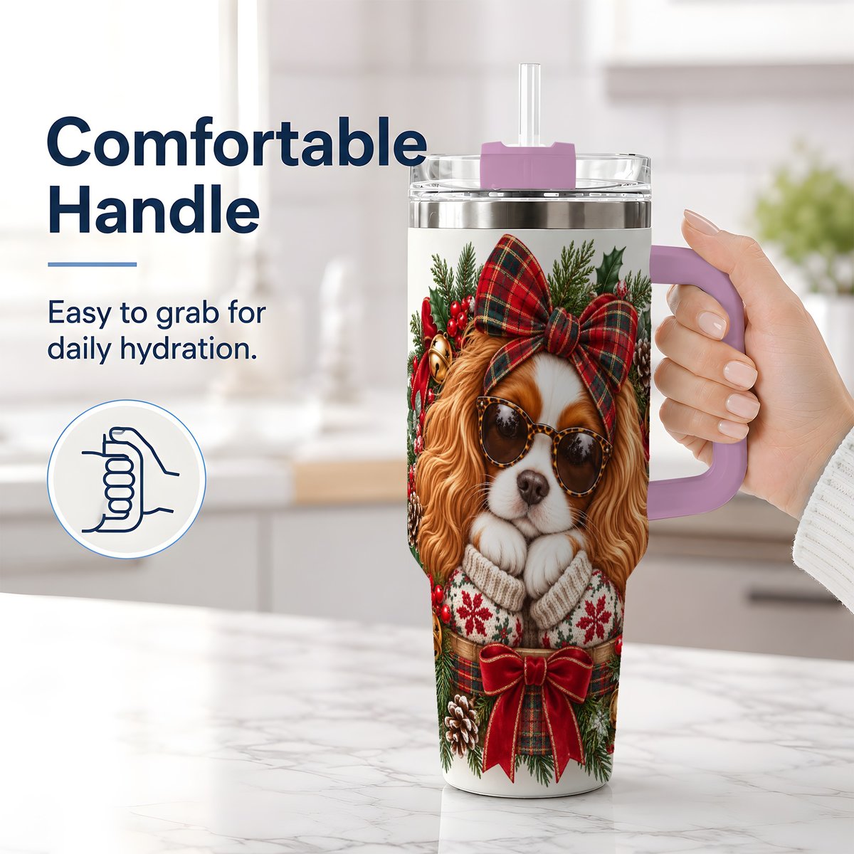 #pl[40oz|Pink] Christmas Cavalier Spaniel Tumbler 40oz, Plaid Ribbon Design