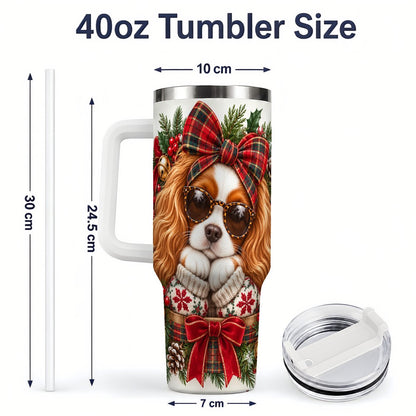 #pl[40oz|White] Christmas Cavalier Spaniel Tumbler 40oz, Plaid Ribbon Design