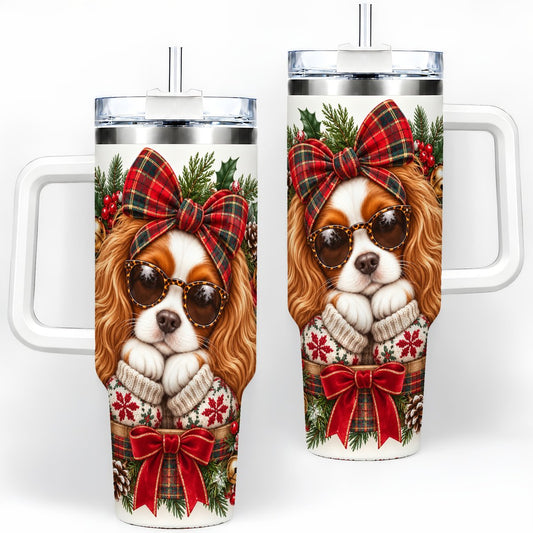 Christmas Cavalier Spaniel Tumbler 40oz, Plaid Ribbon Design