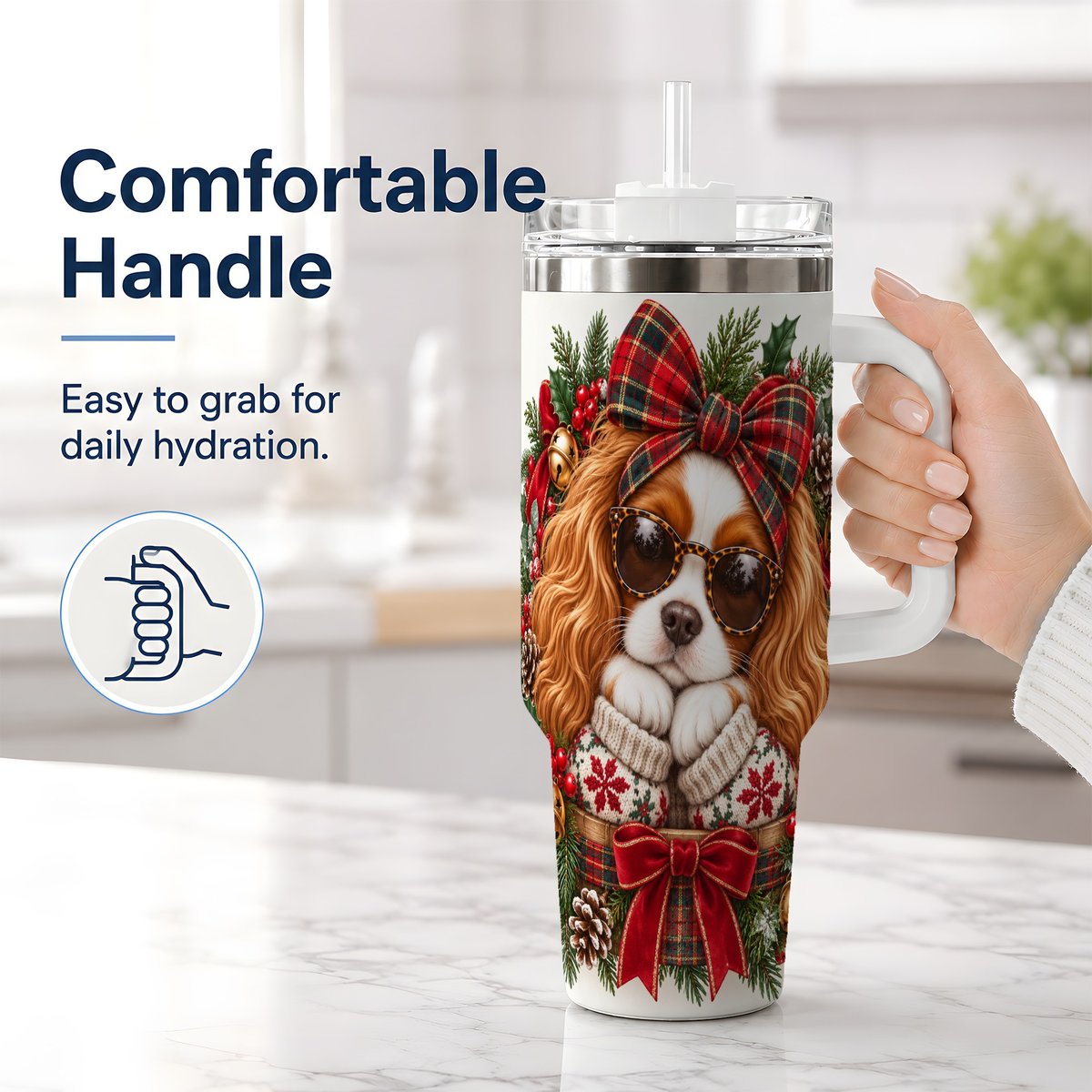 #pl[40oz|White] Christmas Cavalier Spaniel Tumbler 40oz, Plaid Ribbon Design