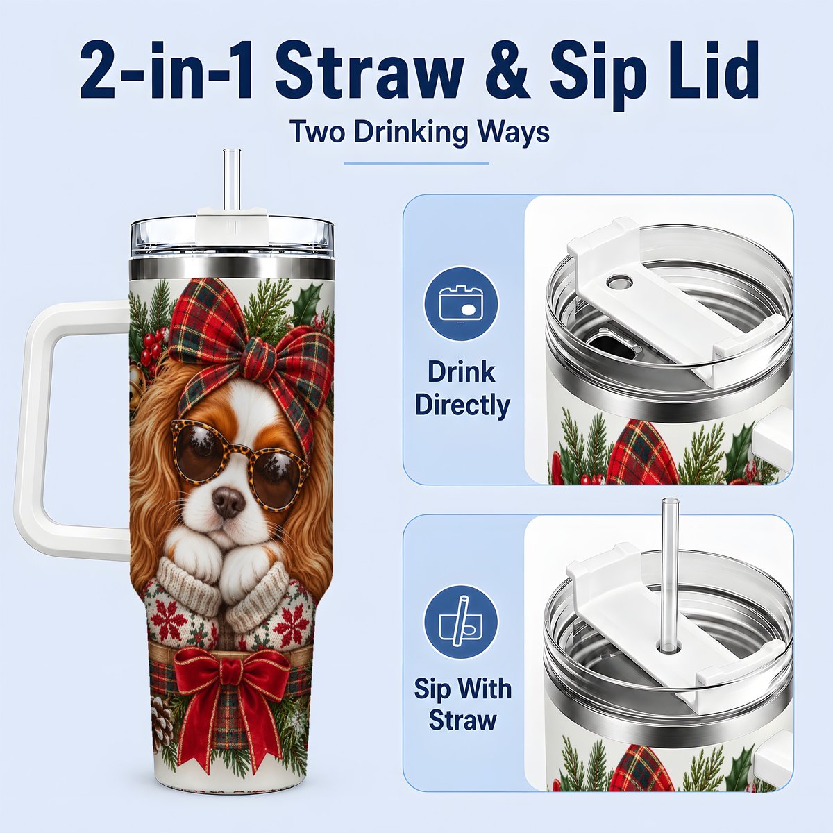 #pl[40oz|White] Christmas Cavalier Spaniel Tumbler 40oz, Plaid Ribbon Design