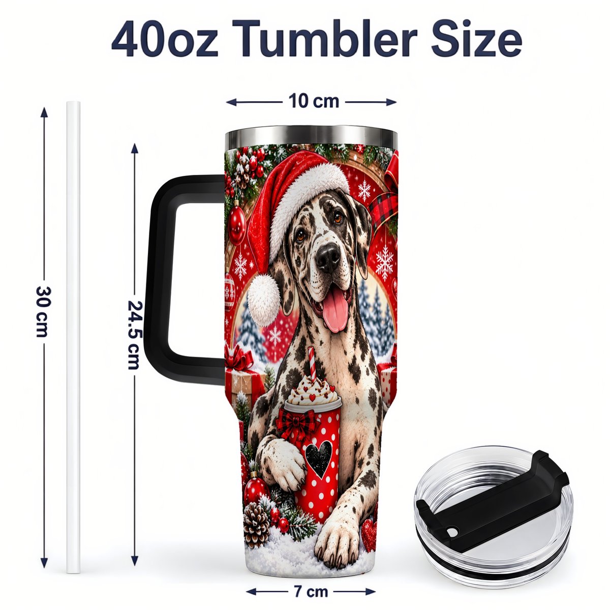 #pl[40oz|Black] Christmas Great Dane Tumbler 40oz, Santa Hat Design