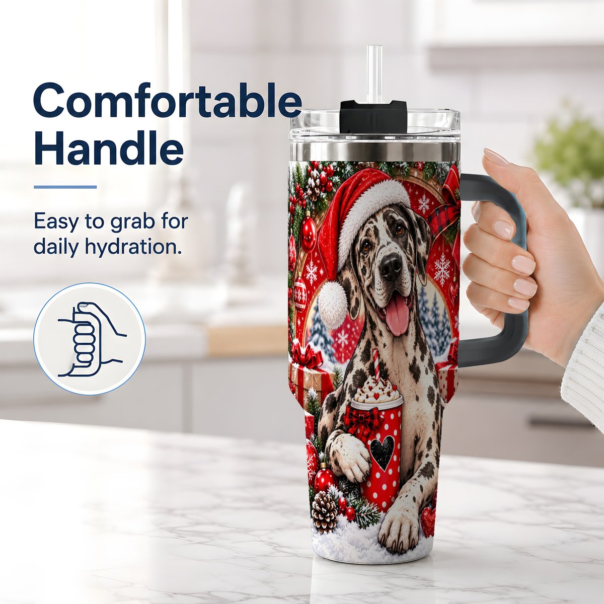 #pl[40oz|Black] Christmas Great Dane Tumbler 40oz, Santa Hat Design