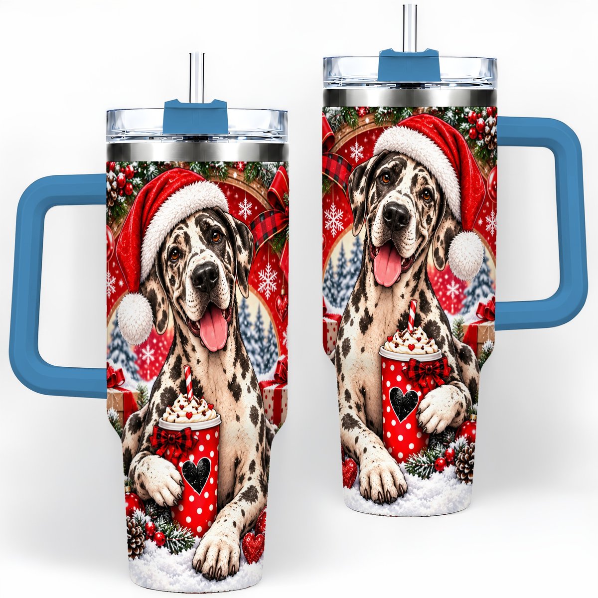 #pl[40oz|Blue] Christmas Great Dane Tumbler 40oz, Santa Hat Design