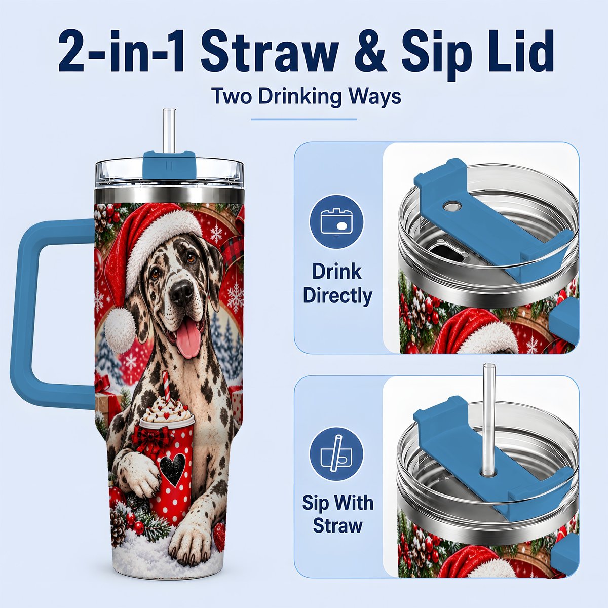 #pl[40oz|Blue] Christmas Great Dane Tumbler 40oz, Santa Hat Design