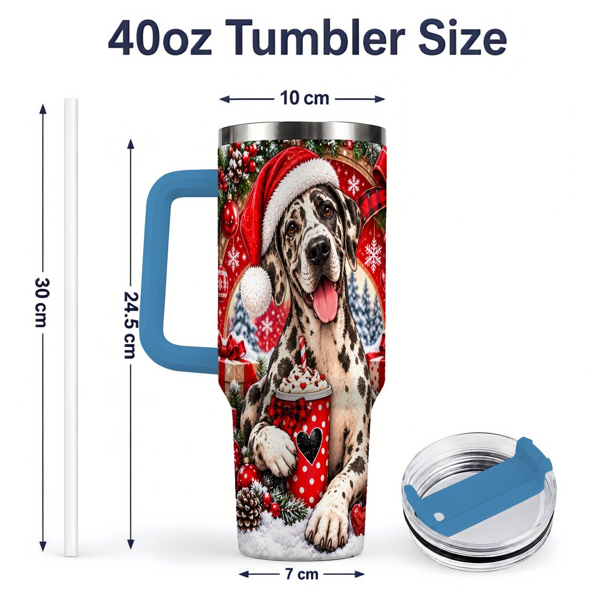 #pl[40oz|Blue] Christmas Great Dane Tumbler 40oz, Santa Hat Design