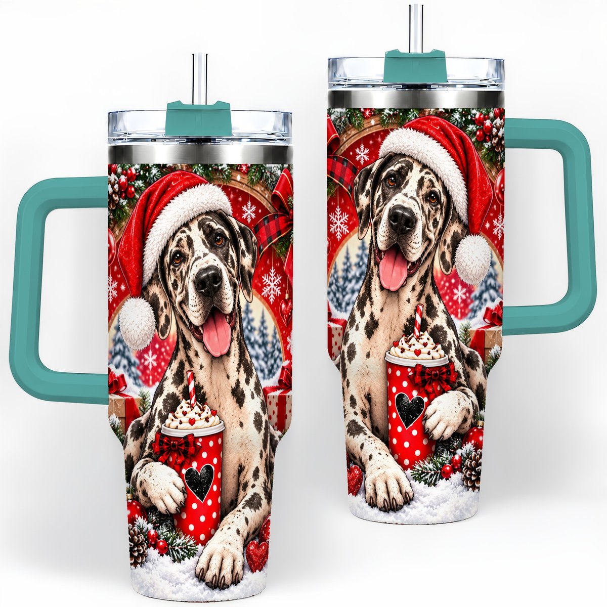#pl[40oz|Green] Christmas Great Dane Tumbler 40oz, Santa Hat Design