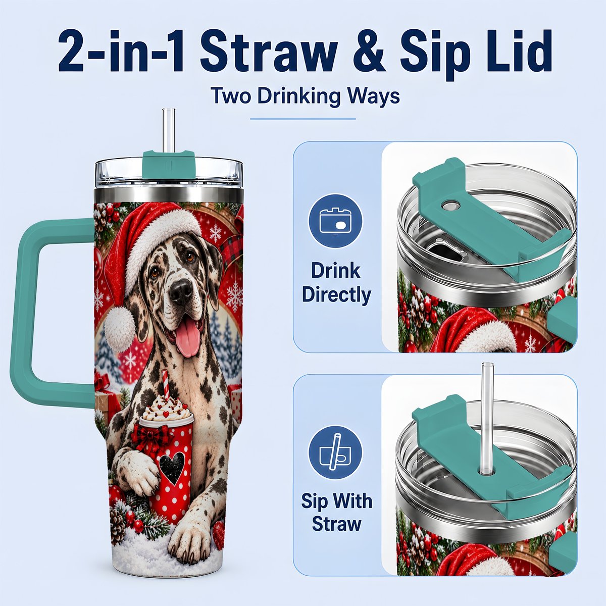 #pl[40oz|Green] Christmas Great Dane Tumbler 40oz, Santa Hat Design